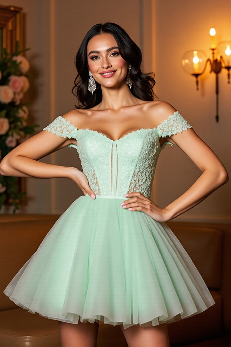 Load image into Gallery viewer, Light Green Corset A Line Short Tulle Prom Dress