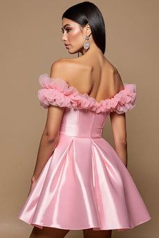 Pink Satin A Line Short Prom Dress with Ruffles