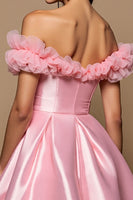 Load image into Gallery viewer, Pink Satin A Line Short Prom Dress with Ruffles