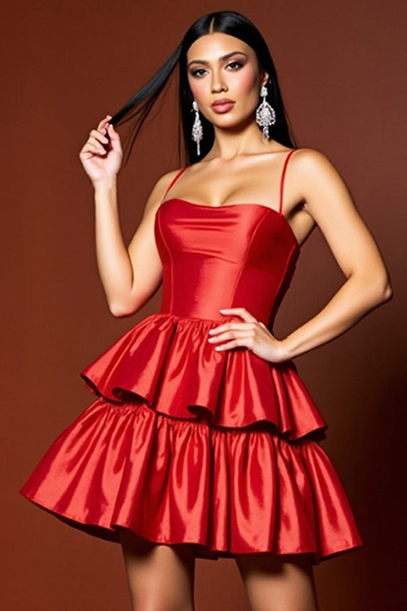 Load image into Gallery viewer, Red A Line Tiered Short Satin Prom Dress