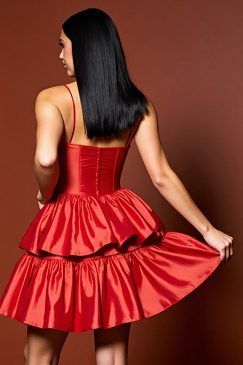 Load image into Gallery viewer, Red A Line Tiered Short Satin Prom Dress