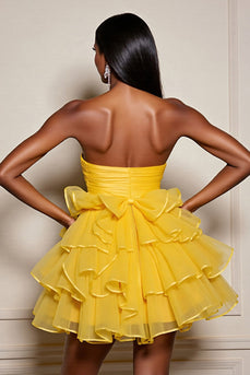 Yellow A Line Tulle Strapless Tiered Short Prom Dress