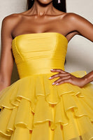 Load image into Gallery viewer, Yellow A Line Tulle Strapless Tiered Short Prom Dress