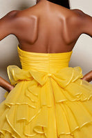 Load image into Gallery viewer, Yellow A Line Tulle Strapless Tiered Short Prom Dress