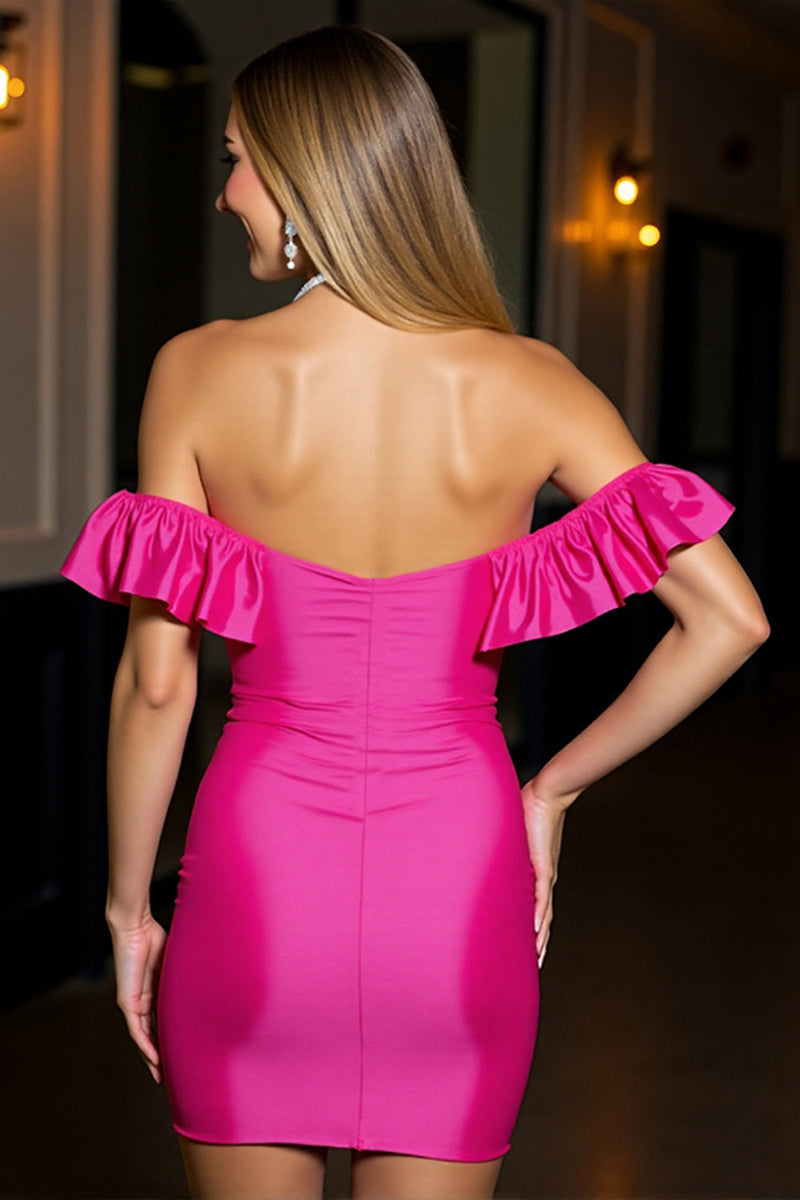 Load image into Gallery viewer, Fuchsia Ruffled Tight Bodycon Short Satin Prom Dress