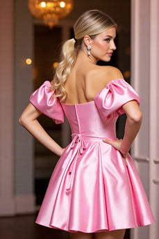 Pink Off the Shoulder A Line Short Satin Prom Dress with Ruffles