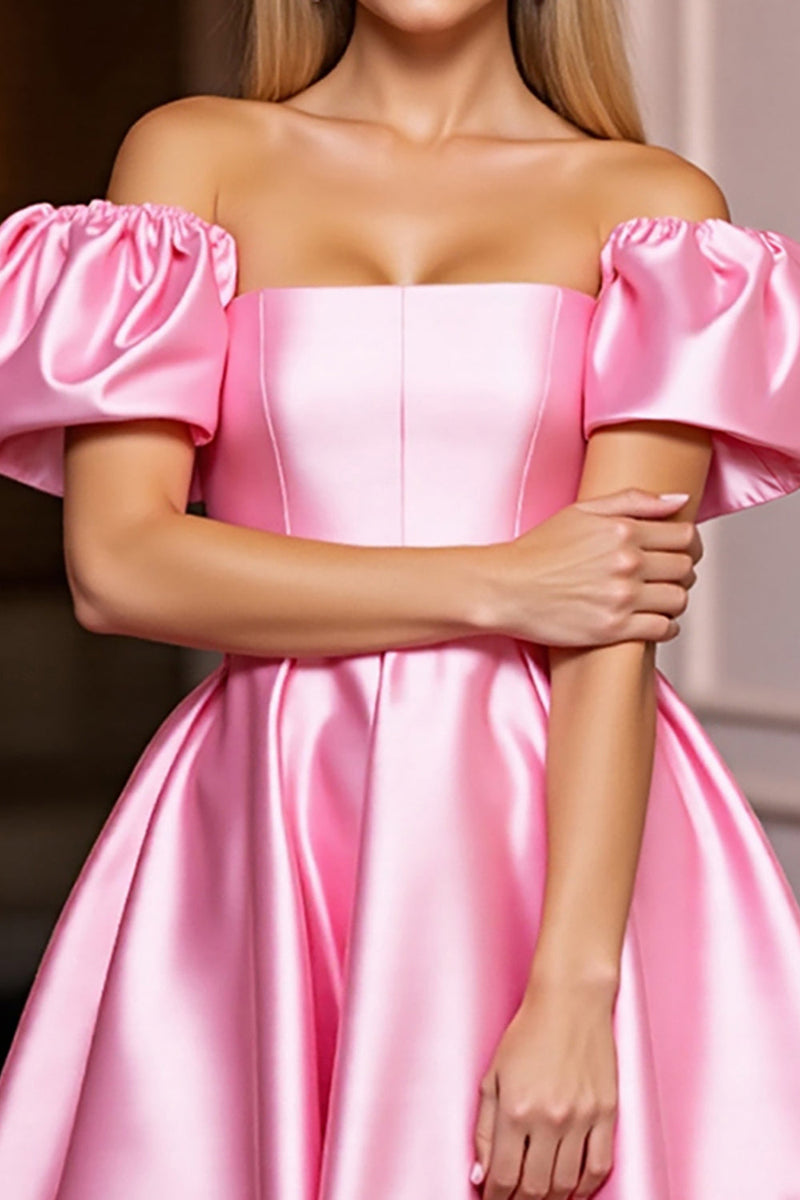 Load image into Gallery viewer, Pink Off the Shoulder A Line Short Satin Prom Dress with Ruffles