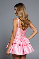 Load image into Gallery viewer, Pink A Line Satin Tiered Short Prom Dress with 3D Flowers