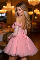 Load image into Gallery viewer, Pink A Line Tulle Short Corset Prom Dress with Appliques