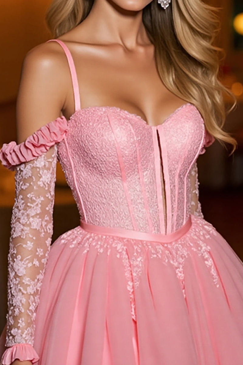 Load image into Gallery viewer, Pink A Line Tulle Short Corset Prom Dress with Appliques