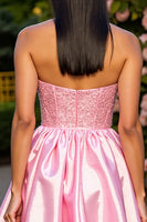 Load image into Gallery viewer, Pink Satin A Line Short Corset Prom Dress with Beading