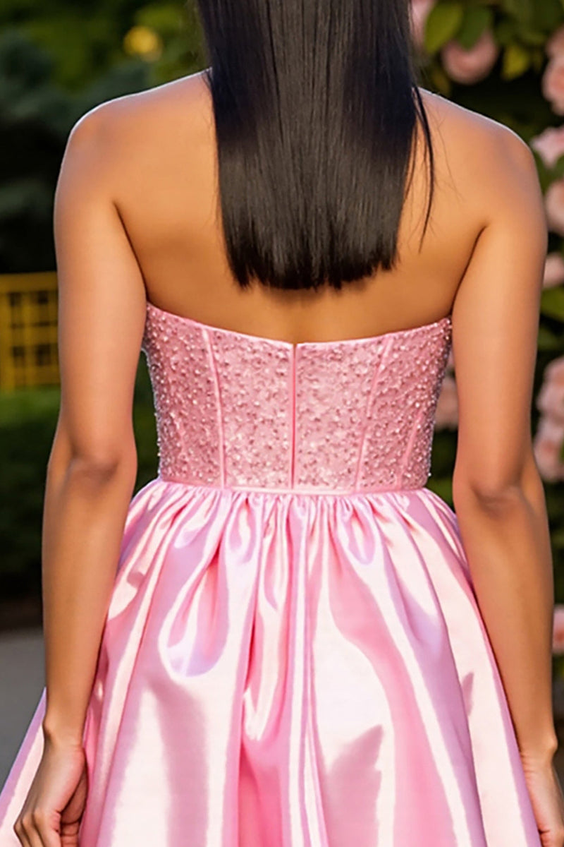 Load image into Gallery viewer, Pink Satin A Line Short Corset Prom Dress with Beading