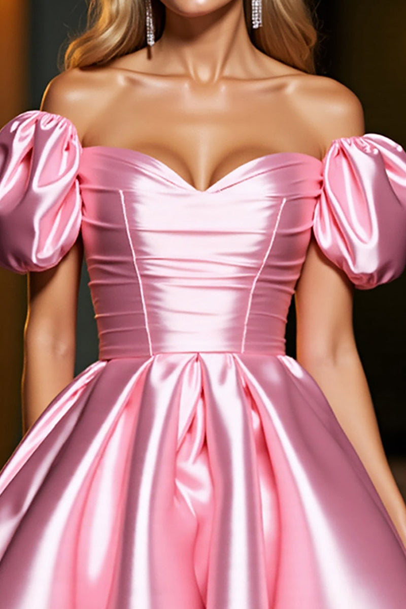 Load image into Gallery viewer, Pink Satin A Line Puff Sleeves Short Corset Prom Dress