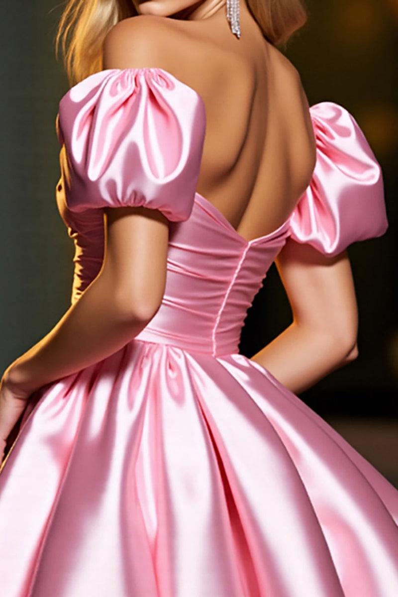 Load image into Gallery viewer, Pink Satin A Line Puff Sleeves Short Corset Prom Dress