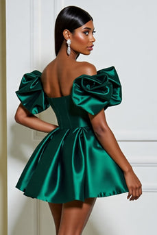 Dark Green Satin A Line Short Prom Dress with Ruffles