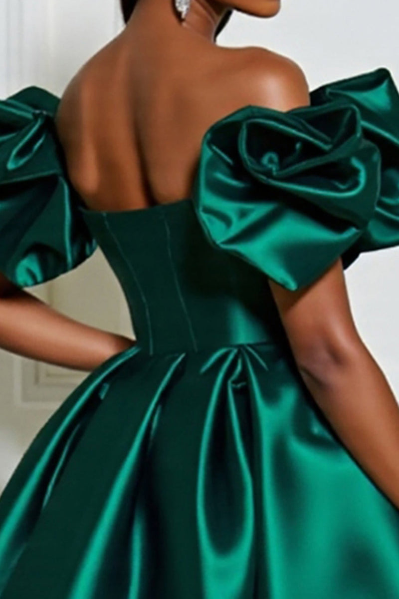Load image into Gallery viewer, Dark Green Satin A Line Short Prom Dress with Ruffles