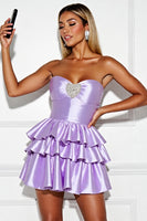 Load image into Gallery viewer, Lilac Satin A Line Tiered Short Prom Dress with Beading