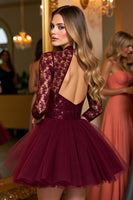 Load image into Gallery viewer, Burgundy Tulle Corset Illusion Neck A Line Short Prom Dress