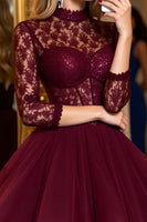 Load image into Gallery viewer, Burgundy Tulle Corset Illusion Neck A Line Short Prom Dress