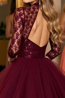 Load image into Gallery viewer, Burgundy Tulle Corset Illusion Neck A Line Short Prom Dress