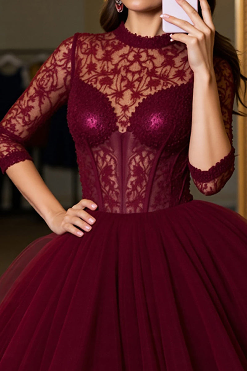 Load image into Gallery viewer, Burgundy Tulle Corset A Line Short Prom Dress with Lace