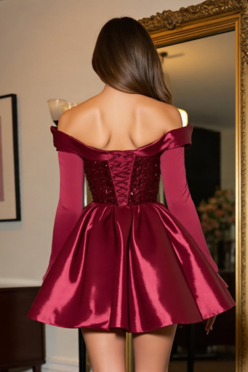Load image into Gallery viewer, Sparkly Burgundy Corset A Line Short Prom Dress with Sleeves