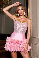 Load image into Gallery viewer, Sparkly Pink Corset Tight Short Satin Prom Dress with Flowers