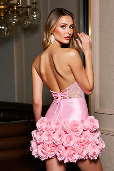 Sparkly Pink Corset Tight Short Satin Prom Dress with Flowers