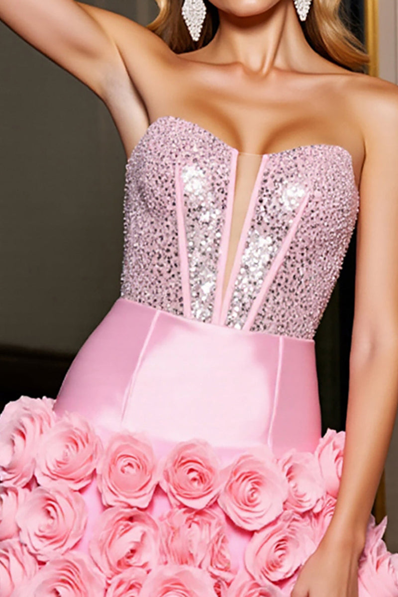 Load image into Gallery viewer, Sparkly Pink Corset Tight Short Satin Prom Dress with Flowers