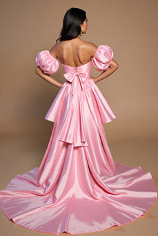 Pink A Line Off the Shoulder Short Satin Prom Dress with Bow