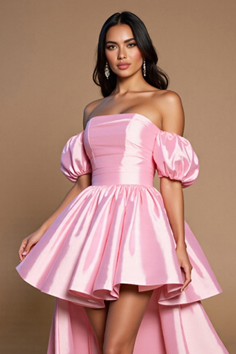 Load image into Gallery viewer, Pink A Line Off the Shoulder Short Satin Prom Dress with Bow