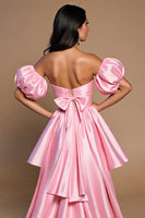 Load image into Gallery viewer, Pink A Line Off the Shoulder Short Satin Prom Dress with Bow