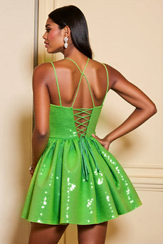 Sparkly Green Corset A Line Short Sequins Prom Dress