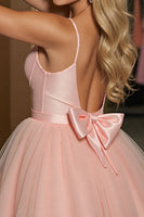 Load image into Gallery viewer, Blush A Line Tulle Ruched Short Prom Dress with Bow