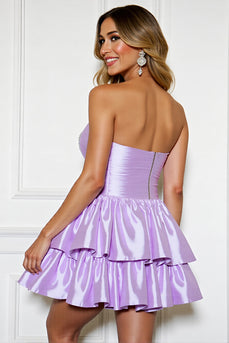 Lilac A Line Strapless Tiered Short Satin Prom Dress