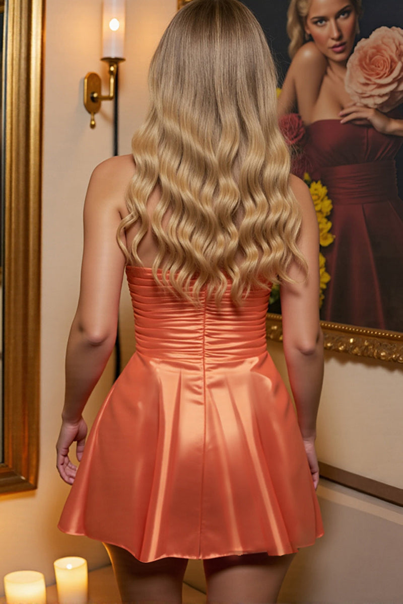 Load image into Gallery viewer, Orange Satin A Line Strapless Short Prom Dress