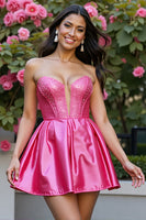 Load image into Gallery viewer, Sparkly Corset Fuchsia Satin A Line Short Prom Dress with Beading