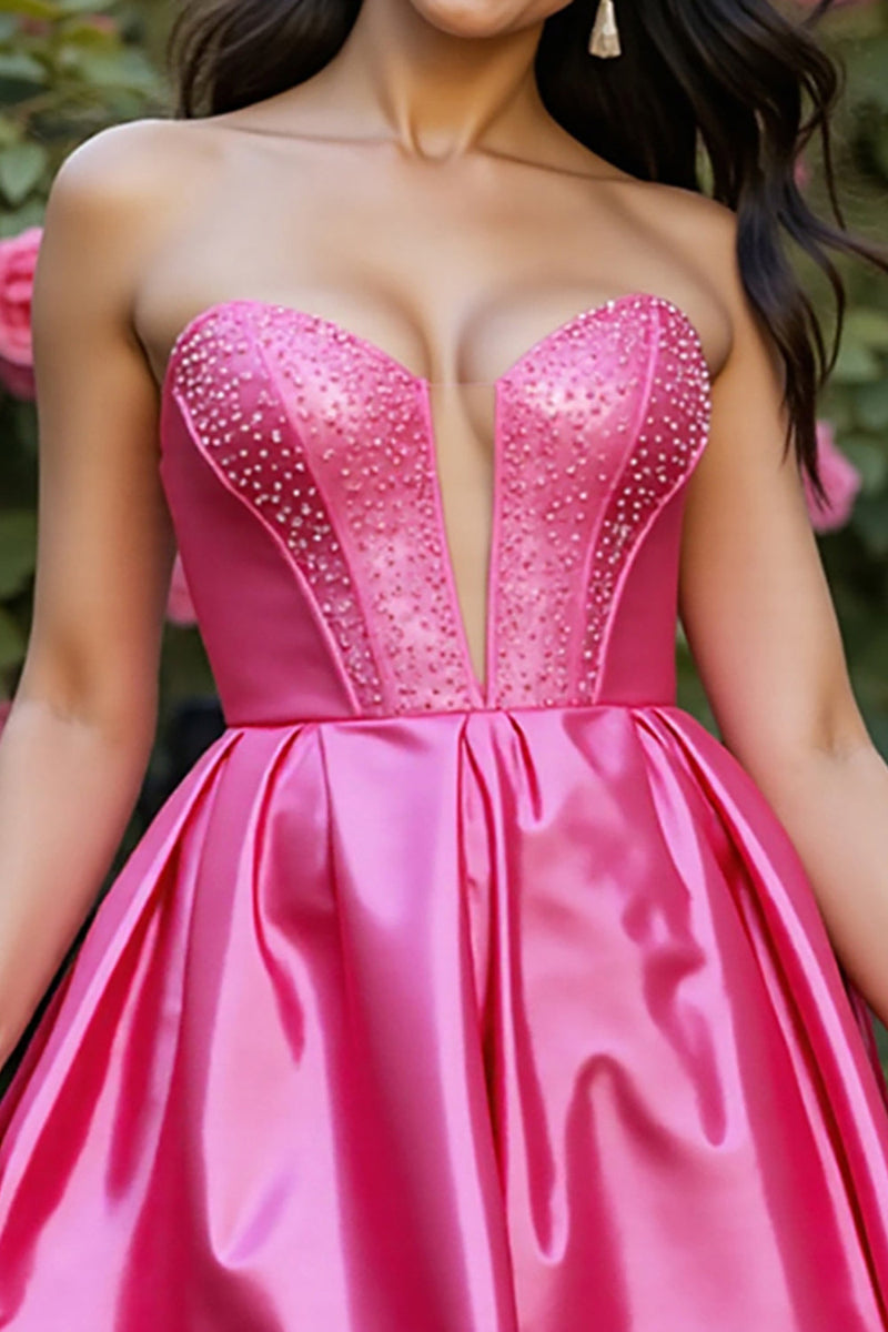 Load image into Gallery viewer, Sparkly Corset Fuchsia Satin A Line Short Prom Dress with Beading