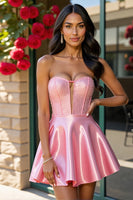 Load image into Gallery viewer, Sparkly Pink A Line Corset Satin Short Prom Dress