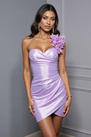 Load image into Gallery viewer, Lilac Satin One Shoulder Short Bodycon Prom Dress