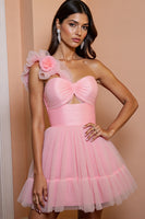 Load image into Gallery viewer, Floral Pink A Line One Shoulder Short Tulle Prom Dress