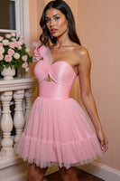 Load image into Gallery viewer, Floral Pink A Line One Shoulder Short Tulle Prom Dress