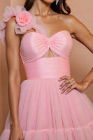 Load image into Gallery viewer, Floral Pink A Line One Shoulder Short Tulle Prom Dress