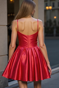 Red Satin Spaghetti Straps A Line Short Prom Dress