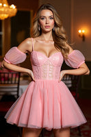 Load image into Gallery viewer, Pink A Line Tulle Corset Short Prom Dress with Appliques
