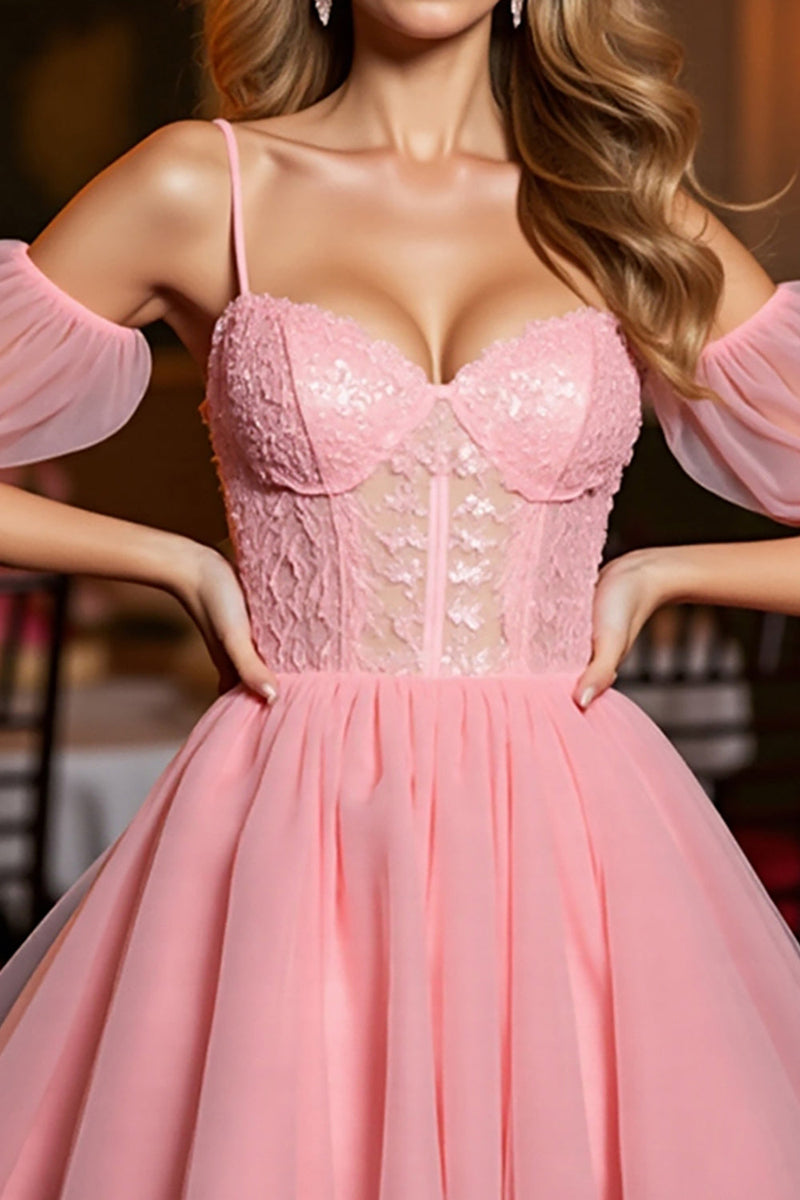 Load image into Gallery viewer, Pink A Line Tulle Corset Short Prom Dress with Appliques
