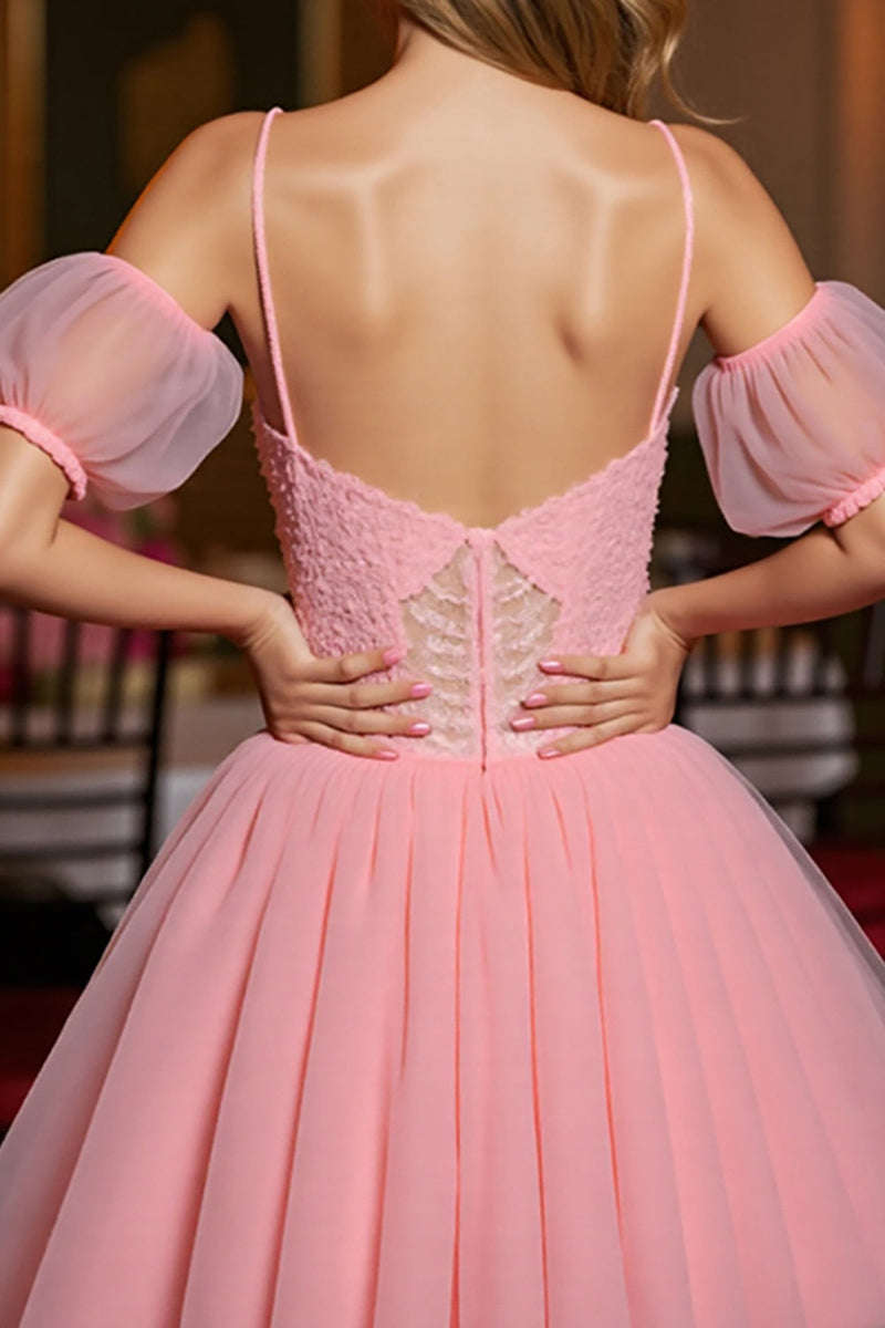 Load image into Gallery viewer, Pink A Line Tulle Corset Short Prom Dress with Appliques