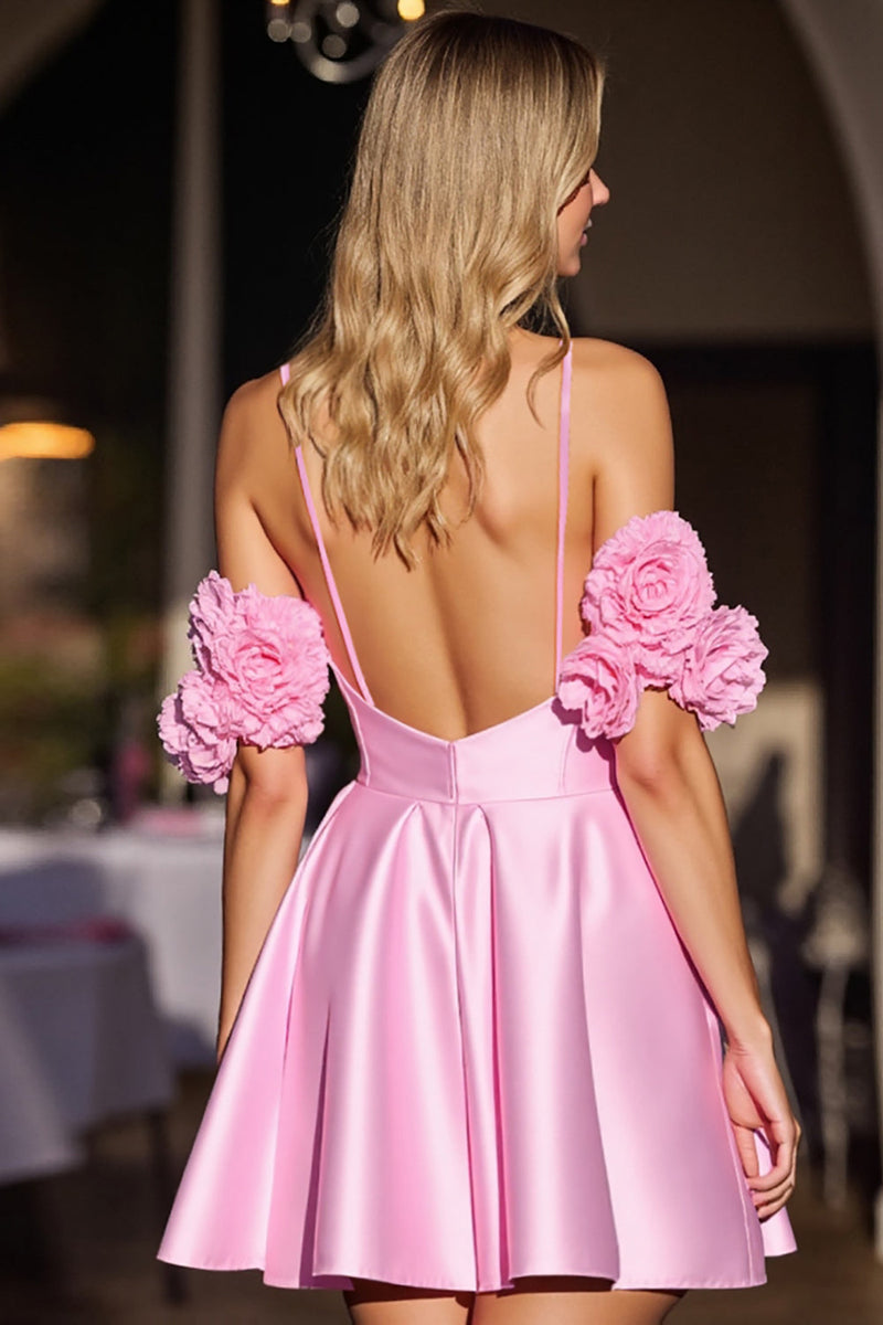 Load image into Gallery viewer, Pink Floral Satin Short Corset Prom Dress
