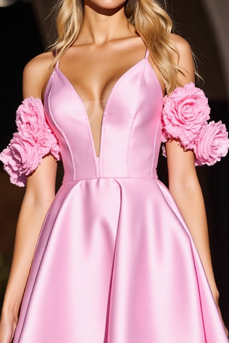 Load image into Gallery viewer, Pink Floral Satin Short Corset Prom Dress