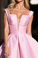 Load image into Gallery viewer, Pink Satin Ruched Deep V-Neck Short Prom Dress